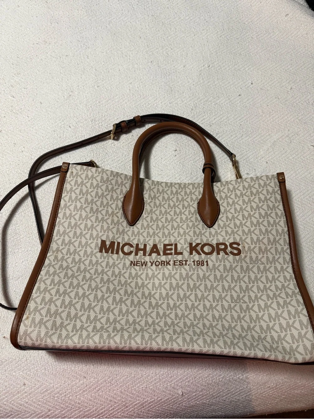 Michael Kors Brown & Cream MK Logo Tote Messenger Bag